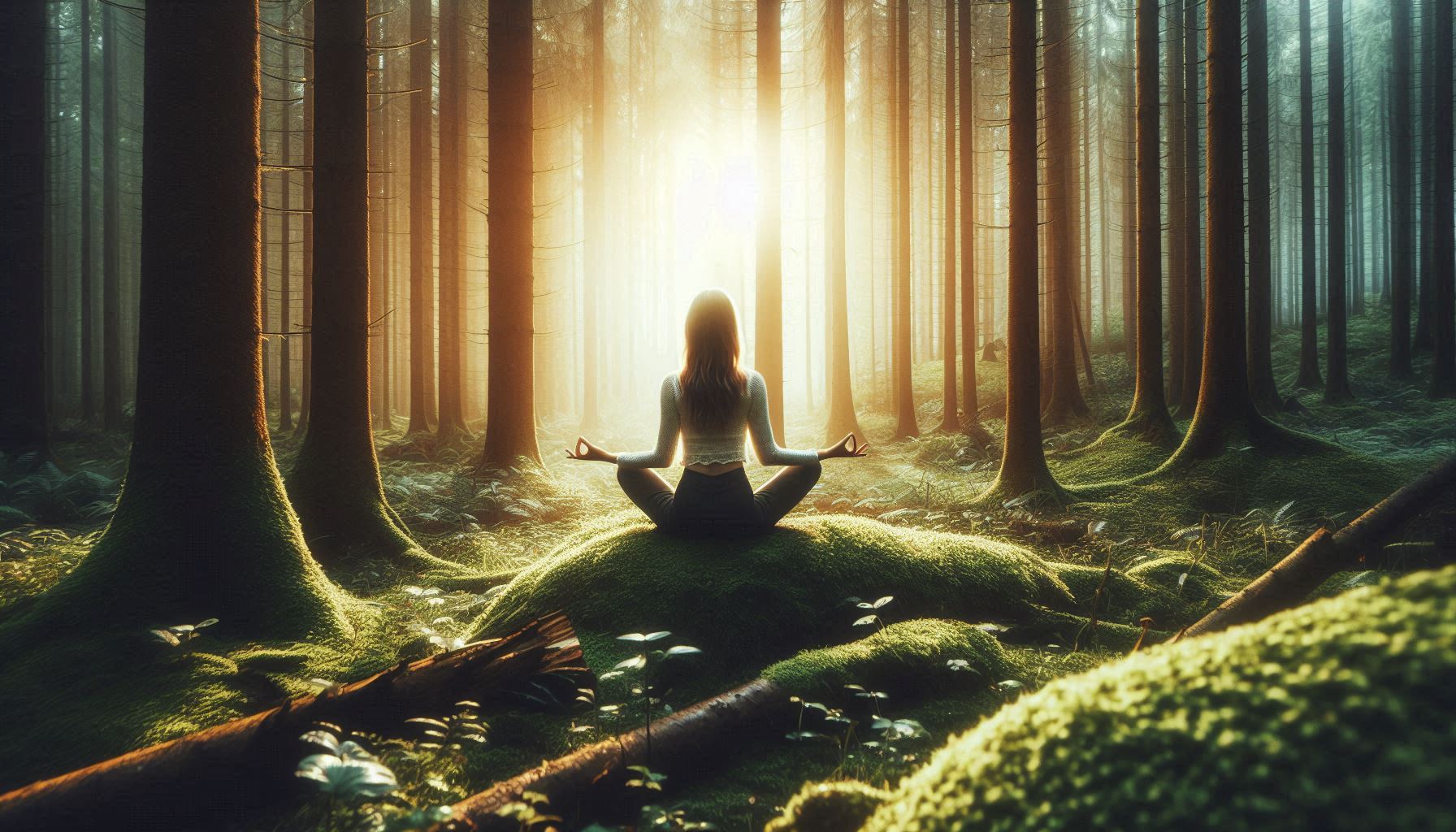 A woman meditating in the forest