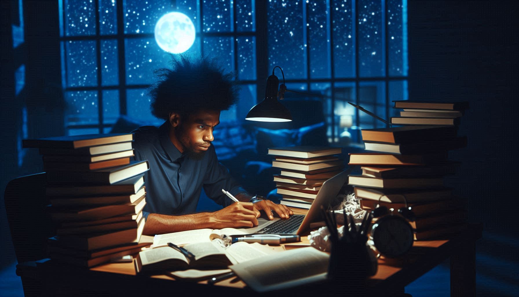 A young adult studying late into the night